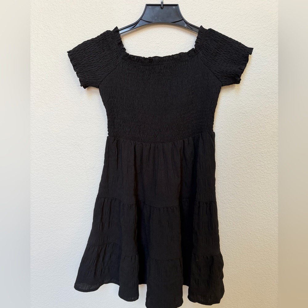 Black Smocked Short-Sleeve mini Tiered Dress